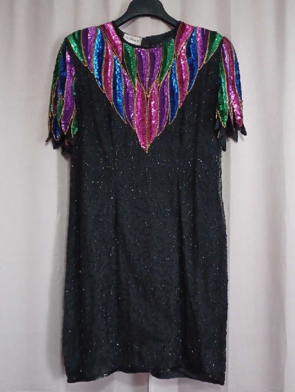 Vintage Stenay Silk Sequin Beaded Shift Dress Black Jewel Tone Art Deco 80s Glam